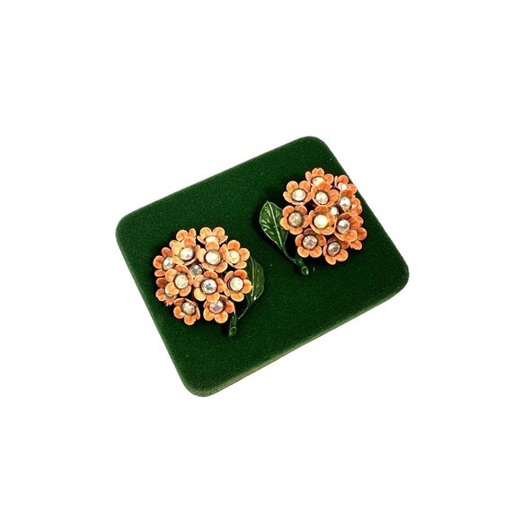 Vintage Gold Tone Orange Flower Rhinestone Floral Screw Back Earrings Retro - Picture 1 of 8